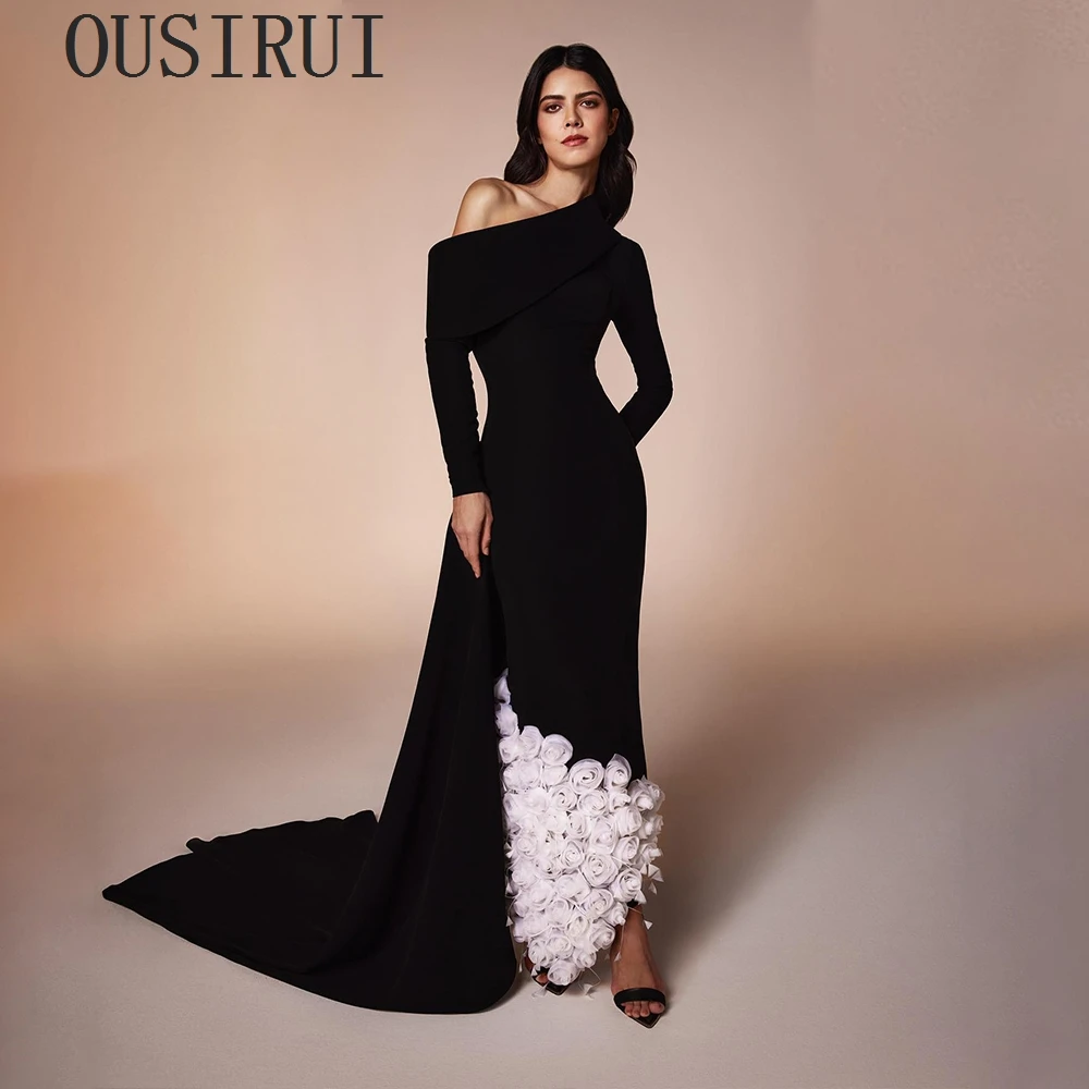 OUSIRUI Elegant One Shoulder 3D Flowers Feathers Black Evening Dresses For Woman Long Sleeves Arabic Mermaid Formal Party Gowns