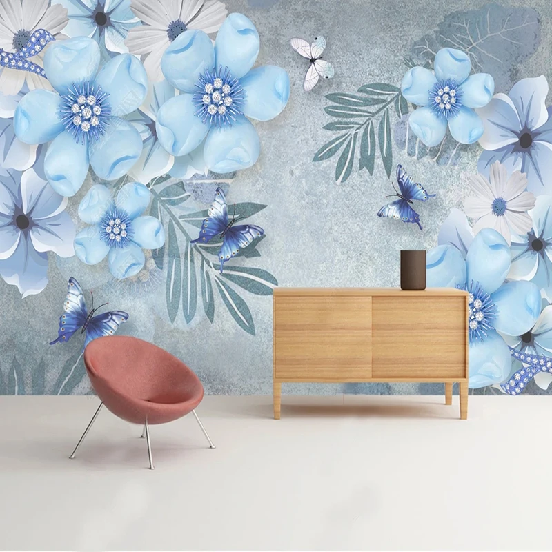 Custom Size Mural Wallpaper Beautiful Blue 3D Jewelry Flowers Wall Painting Living Room Study Backgroung Decor Creative Fresco