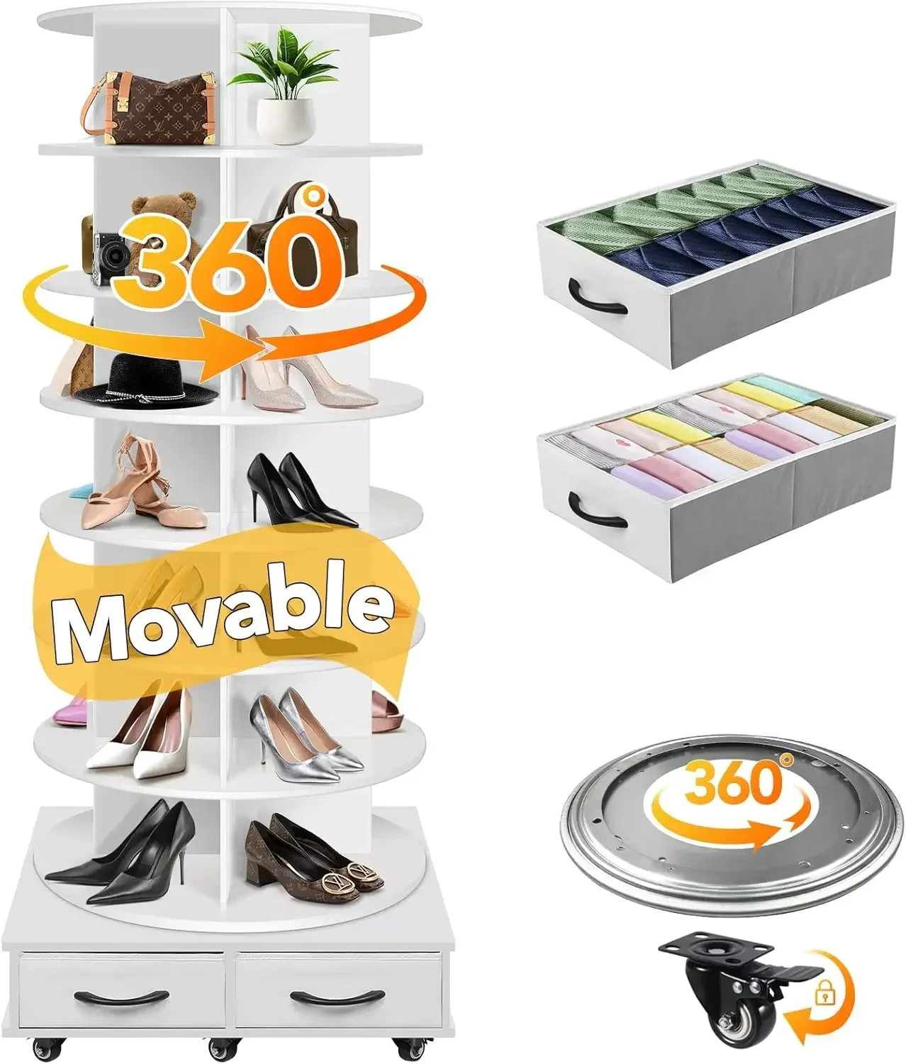 8 Tier Rotating Shoe Rack Tower contains 2 drawers Spinning Shoe Rack Display Lazy Susan Revolving 360 Shoe Racks Storage