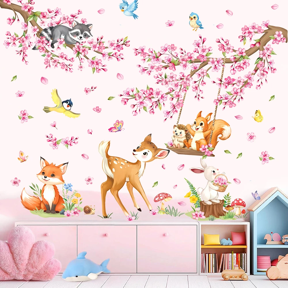 Woodland Animals Cherry Blossom Wall Stickers Pink Sakura Flower Branch Deer Fox Wall Decals Bedroom Living Room Home Decor (4)