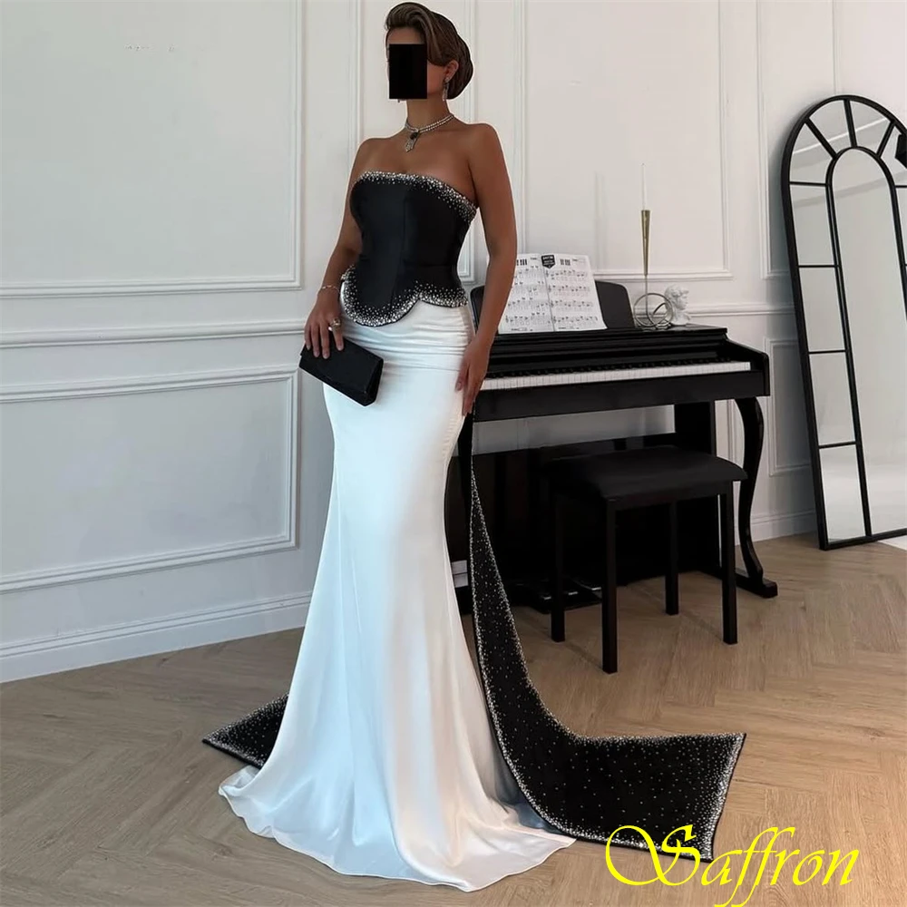Customized Strapless Satin Mermaid Chapel Train Evening Dress Sparkly Crystal Party Dresses Delicate Special Occasion Gowns