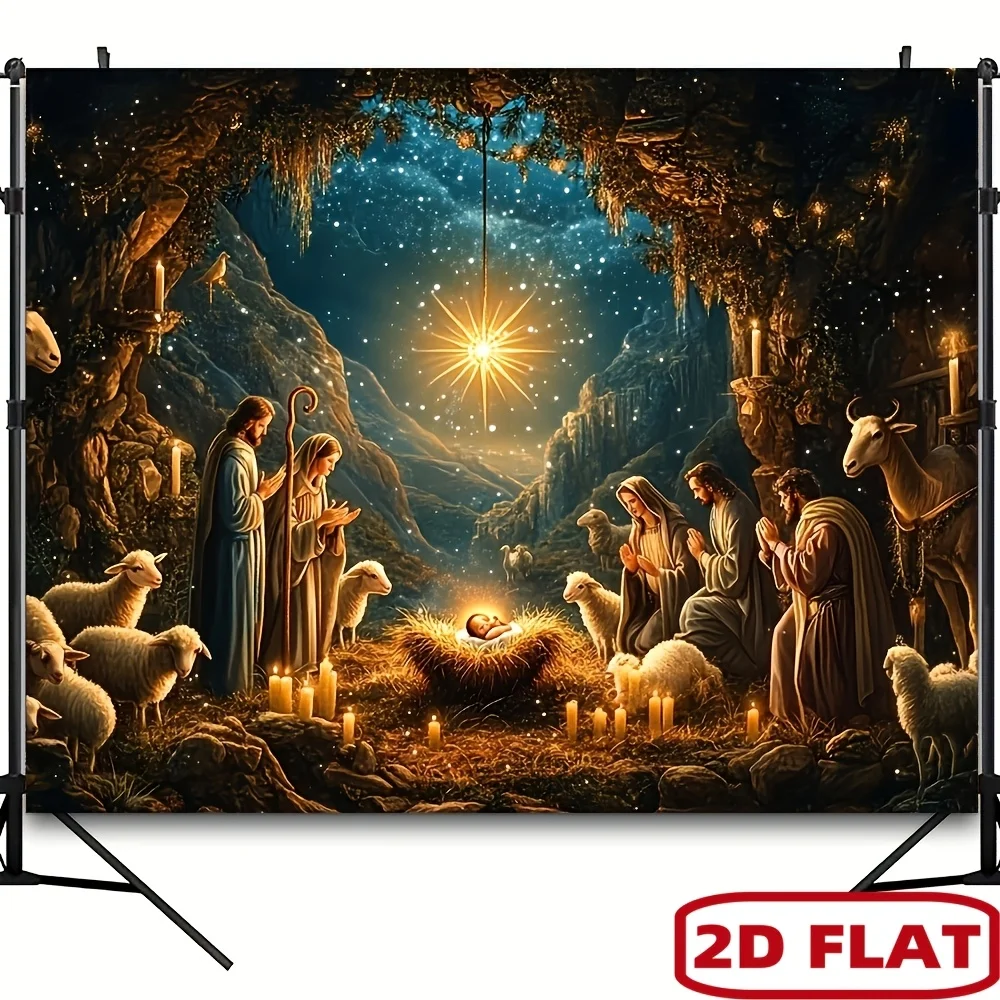 2D Flat, nativity scene christmas tapestry jesus birth manger shepherds wise men starry night view 5