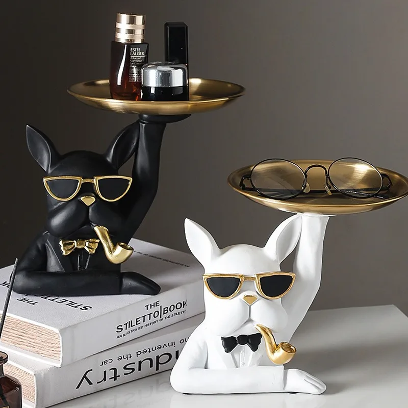 

French Bulldog Double-tray Decorative Ornaments, Household Living Room Entrance Key Storage Resin Crafts