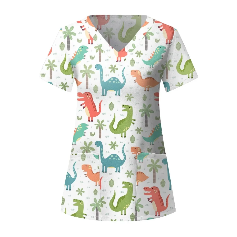زي نسائي سريري موحد على شكل ديناصور مطبوع عليه رسوم كرتونية مرنة للغاية ورقبة على شكل حرف V زي موحد ملابس طبية بجيب بأكمام قصيرة