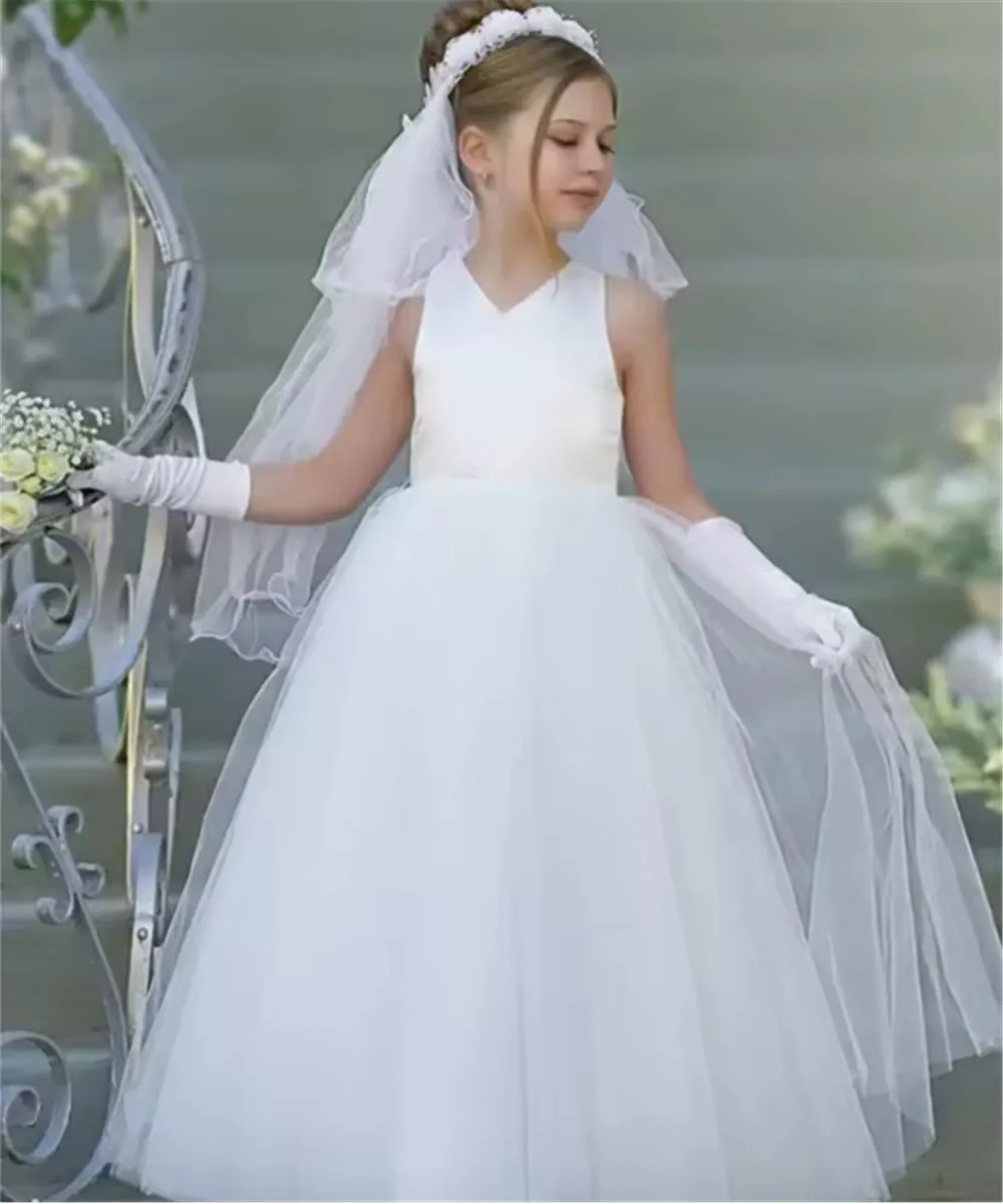 

vestidos de novia Elegant Flower Girl Wedding Dress Satin Tulle V Neckline Sleeveless with Bow Girls Party Dress Communion Gown