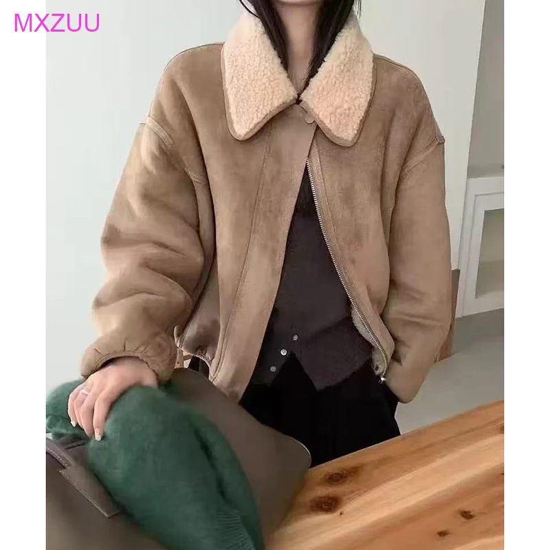 Chaqueta de piel de estilo coreano para mujer, abrigo corto informal holgado y cálido de gamuza de lana de cordero para invierno, abrigo Echtpelz de ambos lados