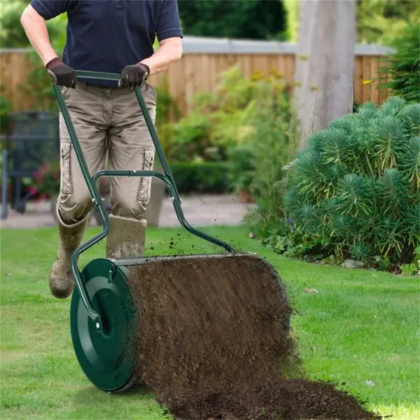 24-inch heavy-duty rust-proof metal mesh compost spreader with a large capacity of 2.7 cubic feet