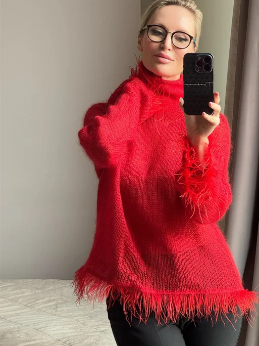Women Red Turtleneck Sweater Loose Sheer Hollow Out Knit Top Fringe Trim Long Sleeve Lazy Style Autumn Winter Festival Pullover