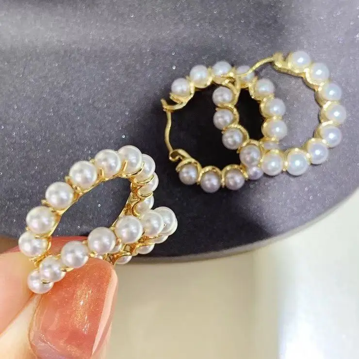 Certificated 925 Silver Freshwater Pearl Hoop Earrings 3-4m Flawless Aurora Pearl C Shape Big Circle Ear Buckle Fine Jewellery