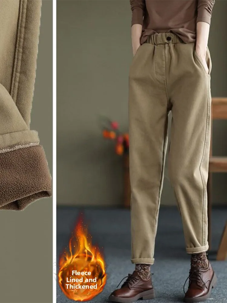 Thiened Fce Foderato Papà Pantaloni Lunghi Abbigliamento Casual Invernali da Donna Pantaloni Harlan in Cotone Pantaloni Lunghi a Vita Alta Pendolarismo Sle