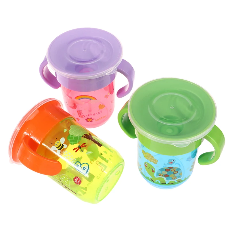 Baby Water Cups 360 Rotated Cartoon Baby Learning Drinking Cup With Double Handle Flip Lid Leakproof Infants Bottle