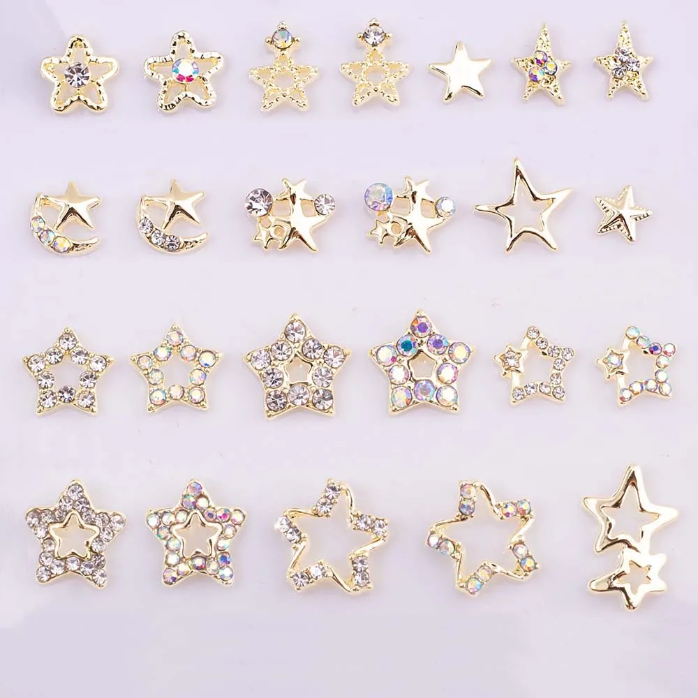 10pcs Luxury Alloy Star Nail Charms 3D Metal Gold/Silver Pentagram Star with Diamond Nail Decor Parts DIY Y2K Style Nail Parts