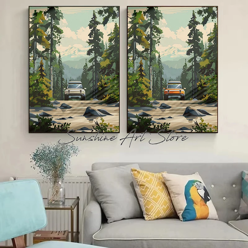 Vintage Travel MidCentury Abstract Modern Nature Luxury Car Forest Park Wall Art Poster Canvas Painting Wall Pictures Home Decor