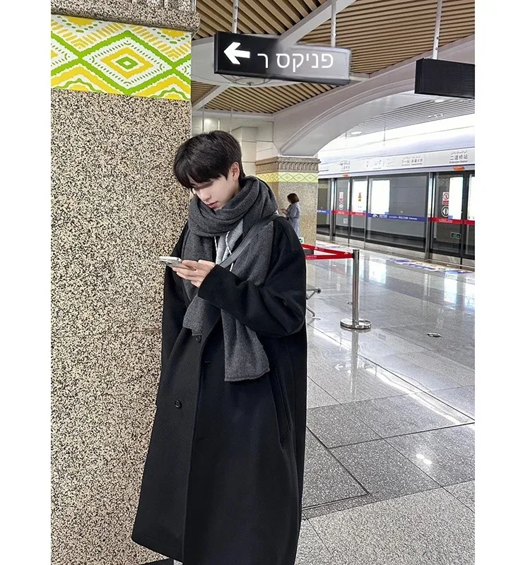 Black Cthulhu Civilian Coat Men's Winter Thickened Medium Length Woolen Jacket Korean Style Pure Desire Fashion Outerwear