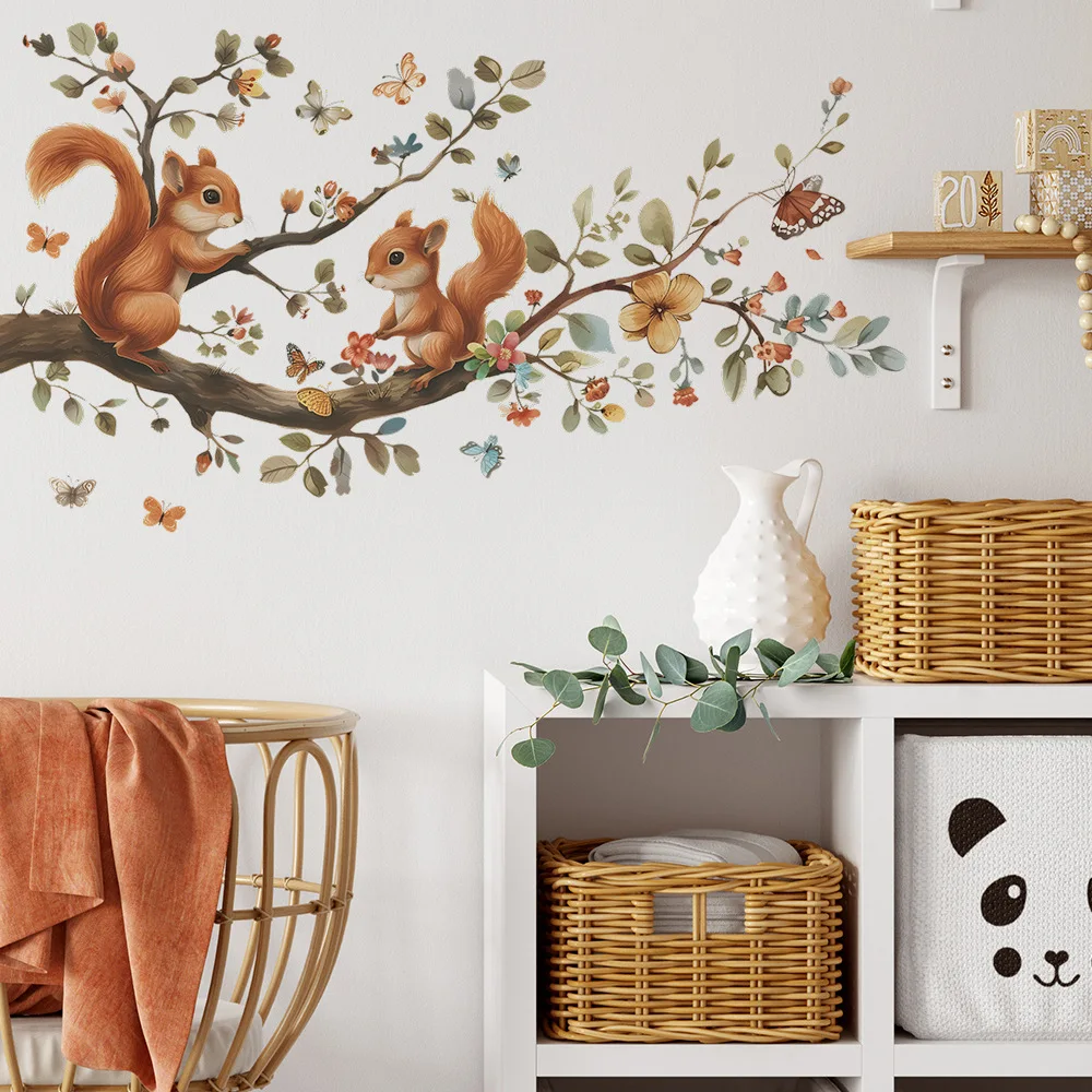 Forest Squirrels Climbing Tree Branch Wall Sticker Cute Animals Butterfly Decals for Living Room Bedroom Nursery Wall Decoration