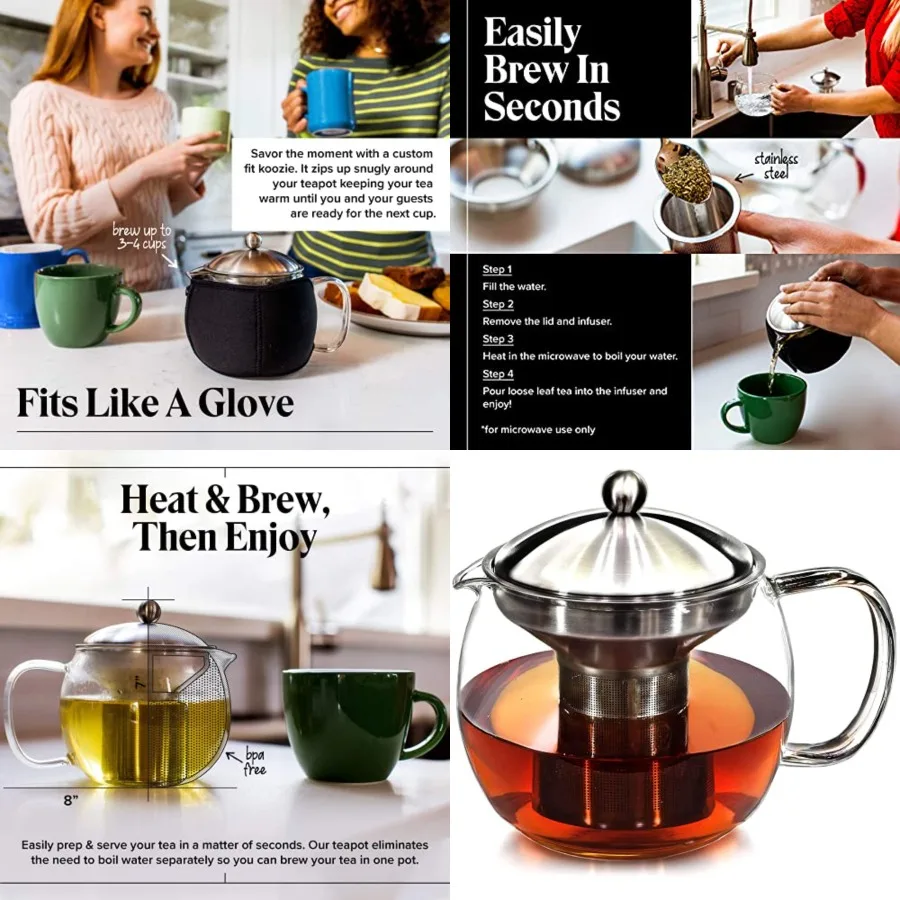 

Teapot with Infuser for Loose Tea - 40oz, 3-4 Cup, Clear Glass Kettle Pot with Strainer and Warmer - For Whole Leaf, Iced Maker