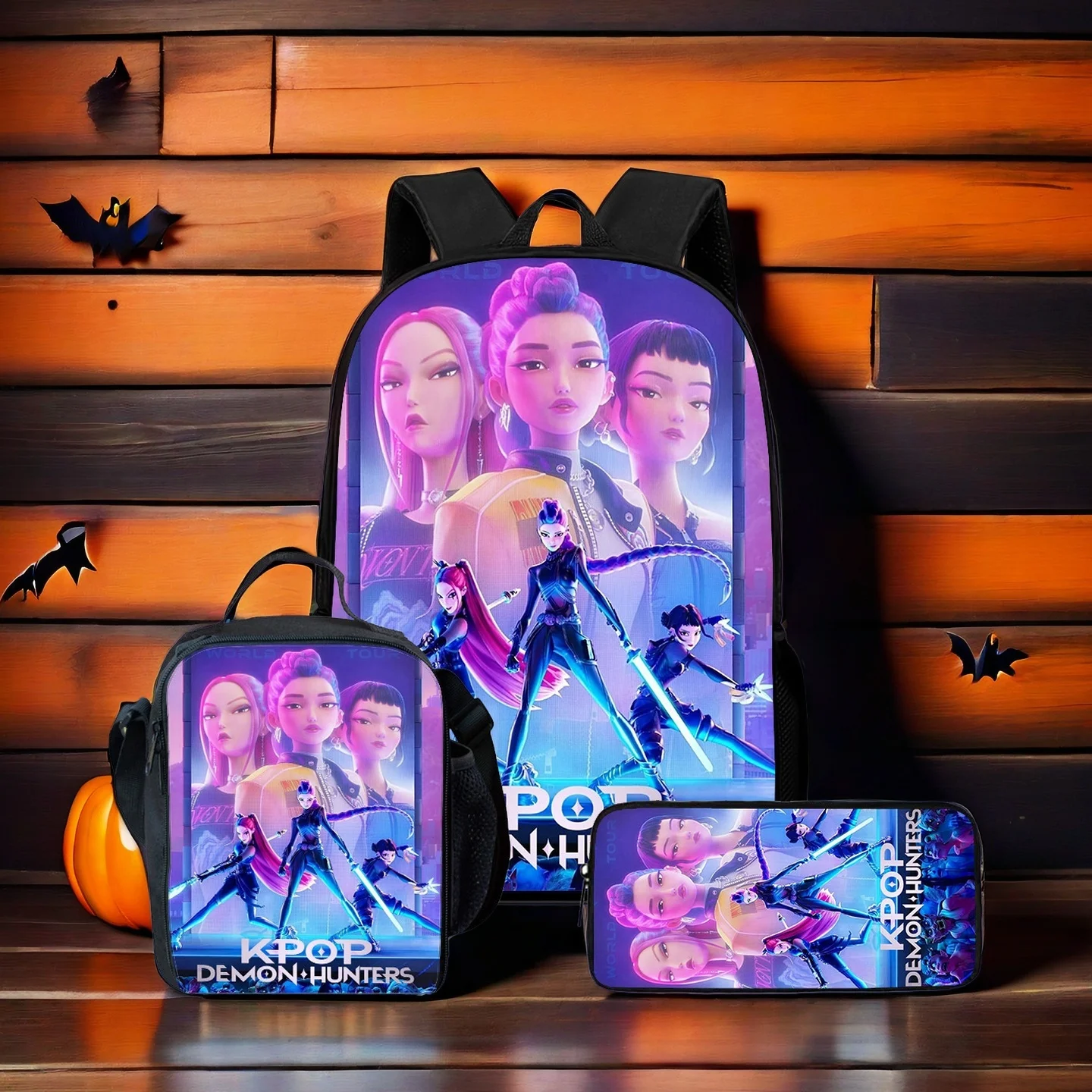 

3Pcs Kpop Demon Hunters Huntrix School Bag Set for Girls Boys Kids Student Backpack with Pencil Case Lunch Box Bag Complete Set