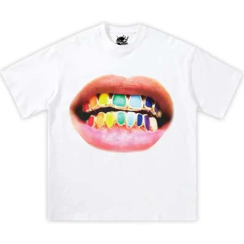 Rainbow Grillz Mouth Boxy Cotton Tee Shirt Opium, y2k, fashion, streetwear, unisex, men, women, cotton, crew neck, y2k