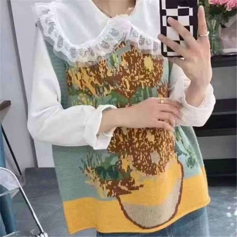 Retro Oil Painting Jacquard Knit Sweater Unisex Round Neck Sleeveless Camisole Vest for Spring and Autumn Loose Casual Wear Vest