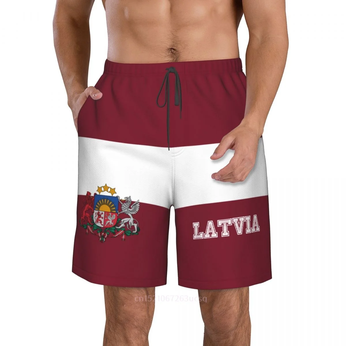 2023 Summer Polyester Latvia Country Flag 3D Printed Men's Board Shorts Beach Pocket Running Summer Pants