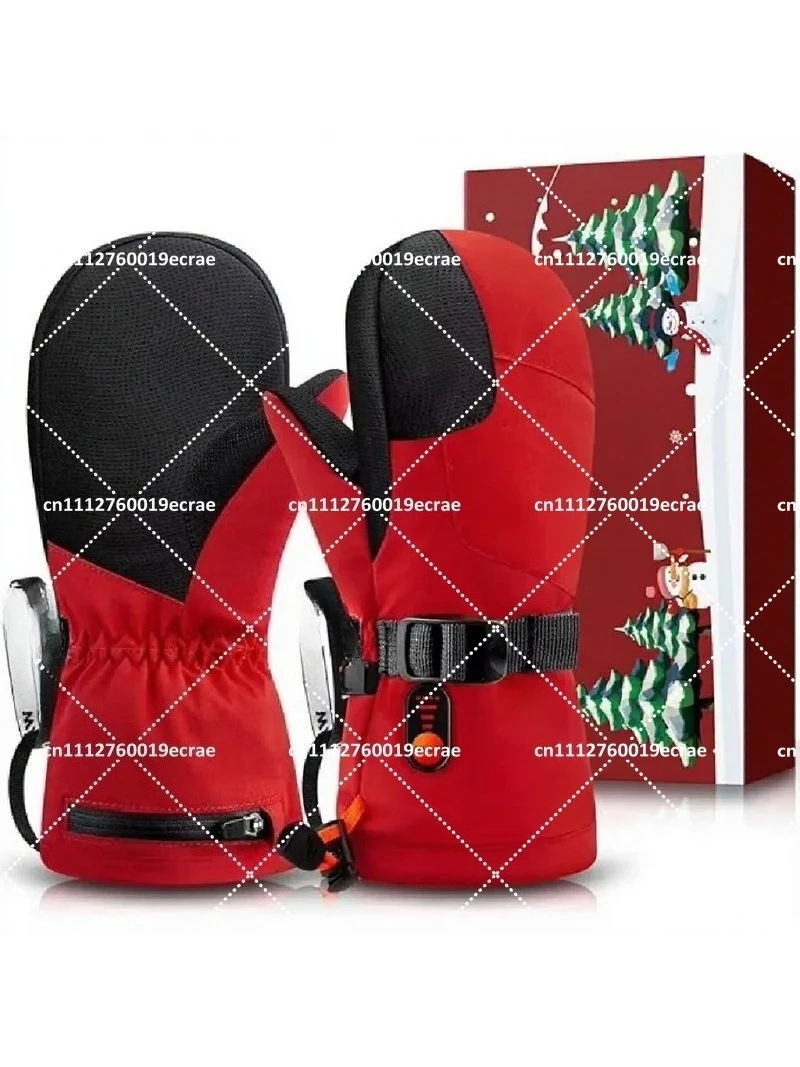 Children's Red Heated Ski Gloves Waterproof Touch Screen Compatible Full Finger Electric Heating