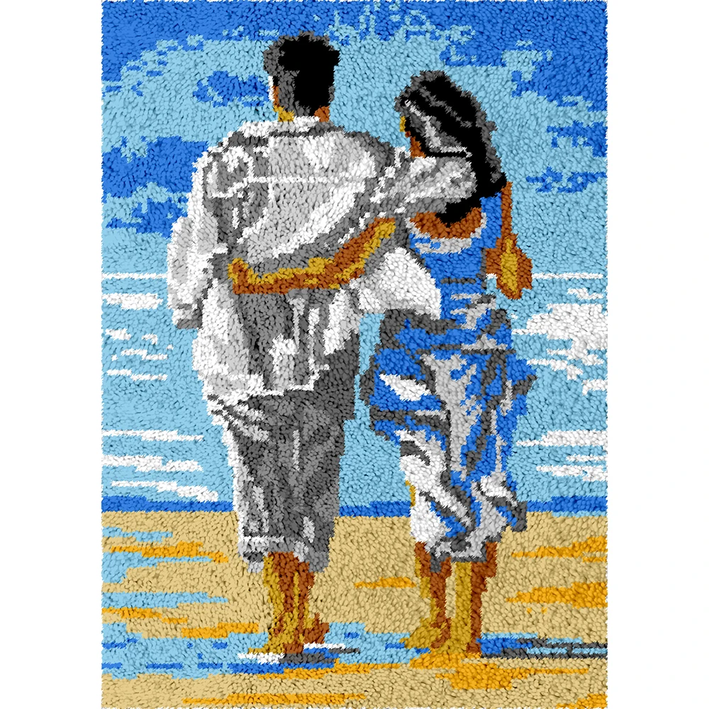 Latch Hook Kits for Adults Beach walk DIY Floor Mats Rug Making Kits with Printed Canvas Carpet Doormat Tapestry Kits Needlework