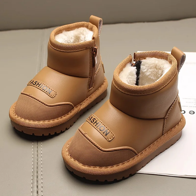 

Зимние сапоги из искусственной кожи для детей, толстые теплые детские плюшевые ботинки для подростков, нескользящая непромокаемая хлопковая обувь для мальчиков и девочек