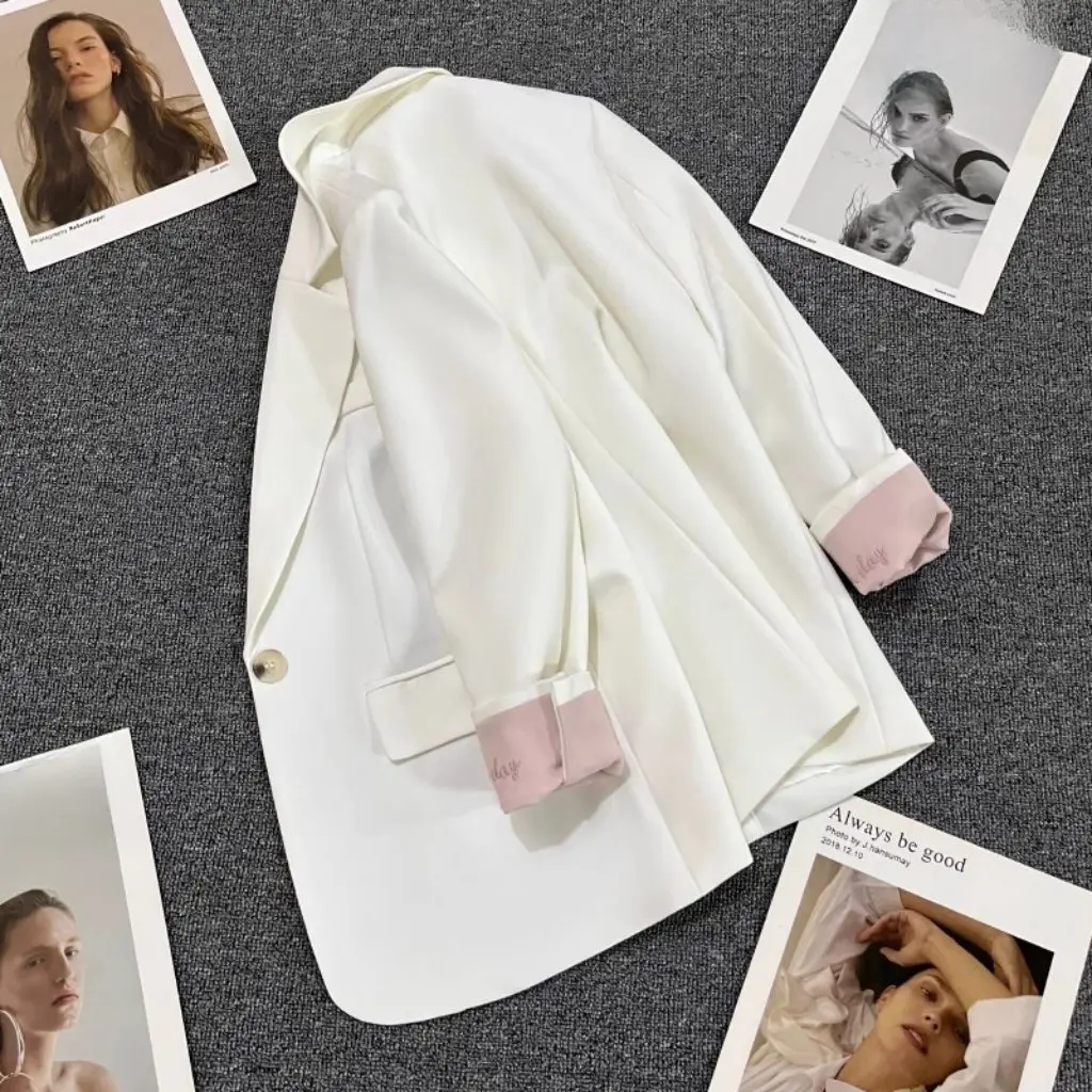 

Women's Pale Pink Embroidered Suit Jacket Korean Style Fashion One Button Trendy Small Men's Spring Autumn New