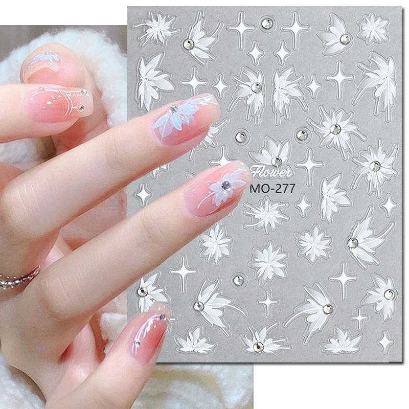 

5D Embossed Nail Art Decals Diamonds Studs Snow Mowing Grass White Blossom Flowers Nails Stickers Decorations For Manicure