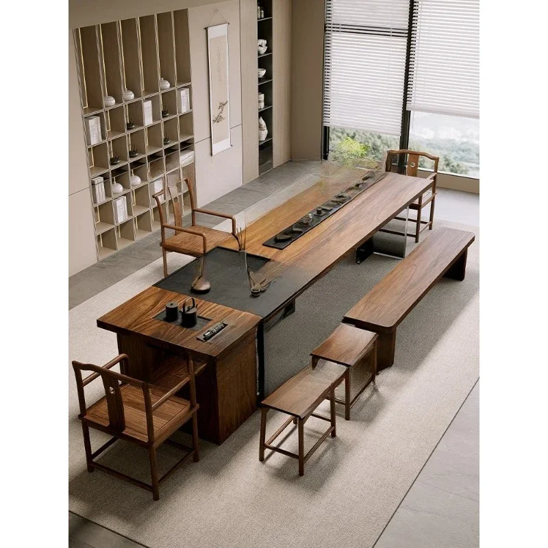 Walnut table and chair combination log large board solid wood table office reception simple new Chinese style