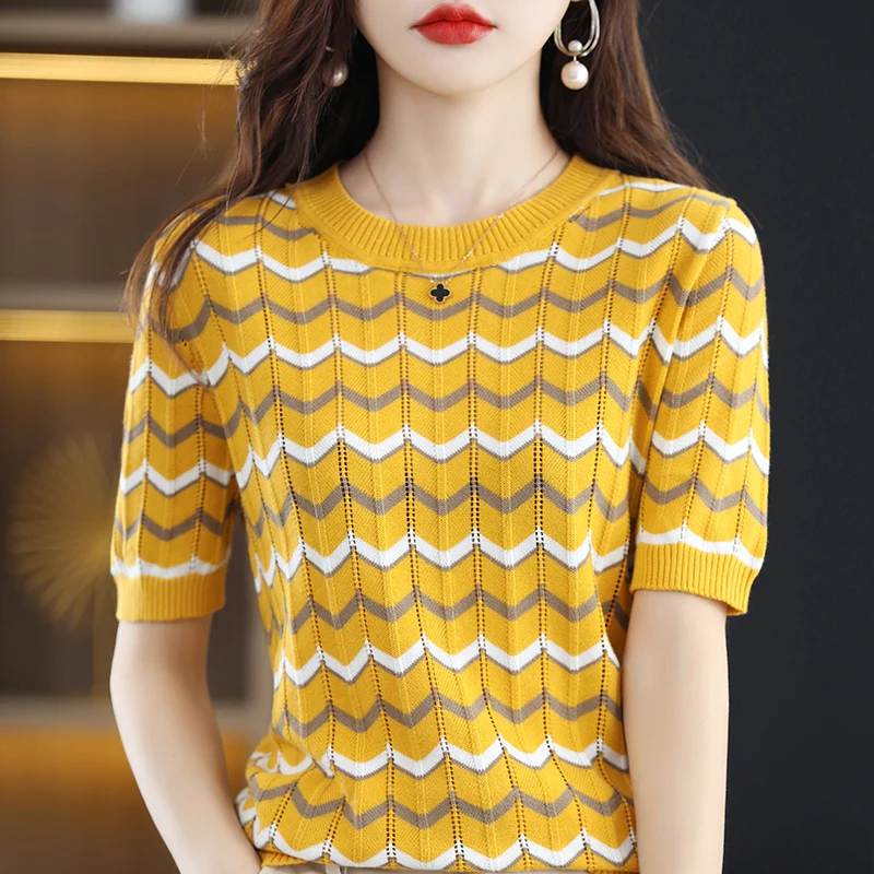 Summer New Knitwear Women's Round Neck Pullover 100% Cotton Loose Stripe Spliced Hollow Comfortable Style Knitted Half Sleeves