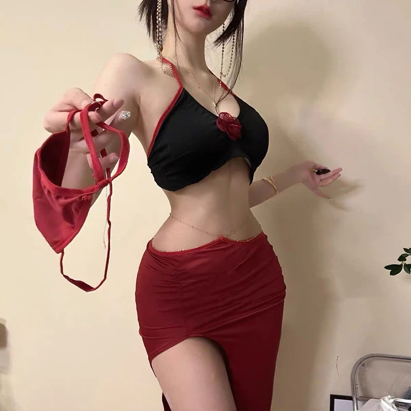 

Red Rose Hanging Neck Top Split Long Dress Off The Waist Gold Chain Ring Waist Anchor Leading Dance Dress Tie Two Piece Set New