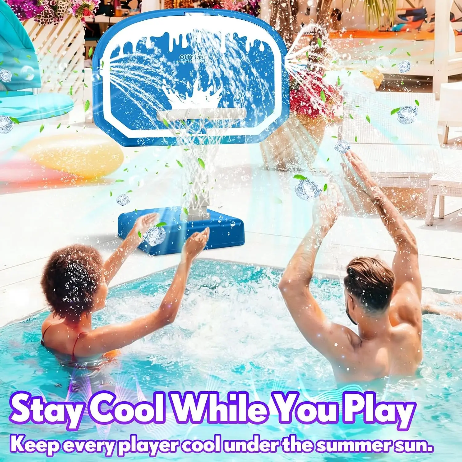 Oversized LED Pool Basketball Hoop Game Set with 3-Way Sprinkler, 14in Light-Up Rim, 2 Glowing Balls, Water-Filled Base & Pump – Illuminated Pool Games for Teens and Adults, Inground Use view 4