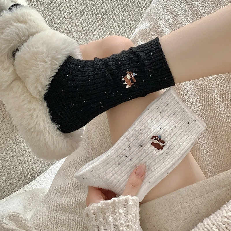2 Paar Damen-Wollsocken bis zur Mitte der Wade mit gestickten kleinen Tieren, koreanischer INS-Stil, Herbst und Winter, Neuankömmling