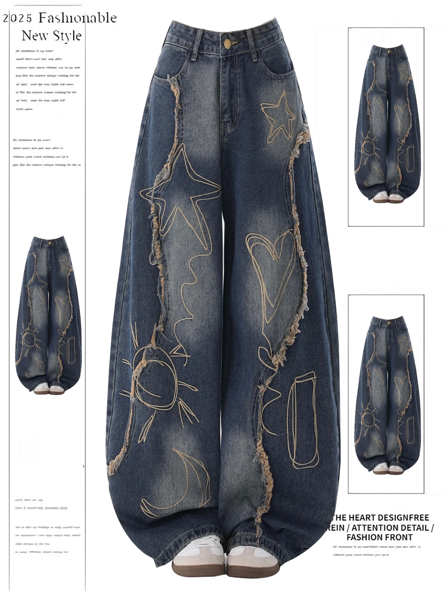

Women's Dark Blue Denim Wide Leg Jeans Fashion Graffiti Embroidery Distressed Raw Edge High Waist Y2K Casual Streetwear Trousers