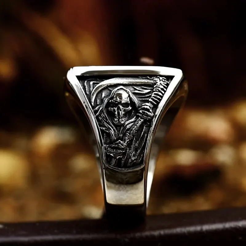 Vintage Mens 316L Stainless Steel Rings for Men Death Sickle Domineering Skull Ring Teens Hip-hop Punk Party Jewelry Gift