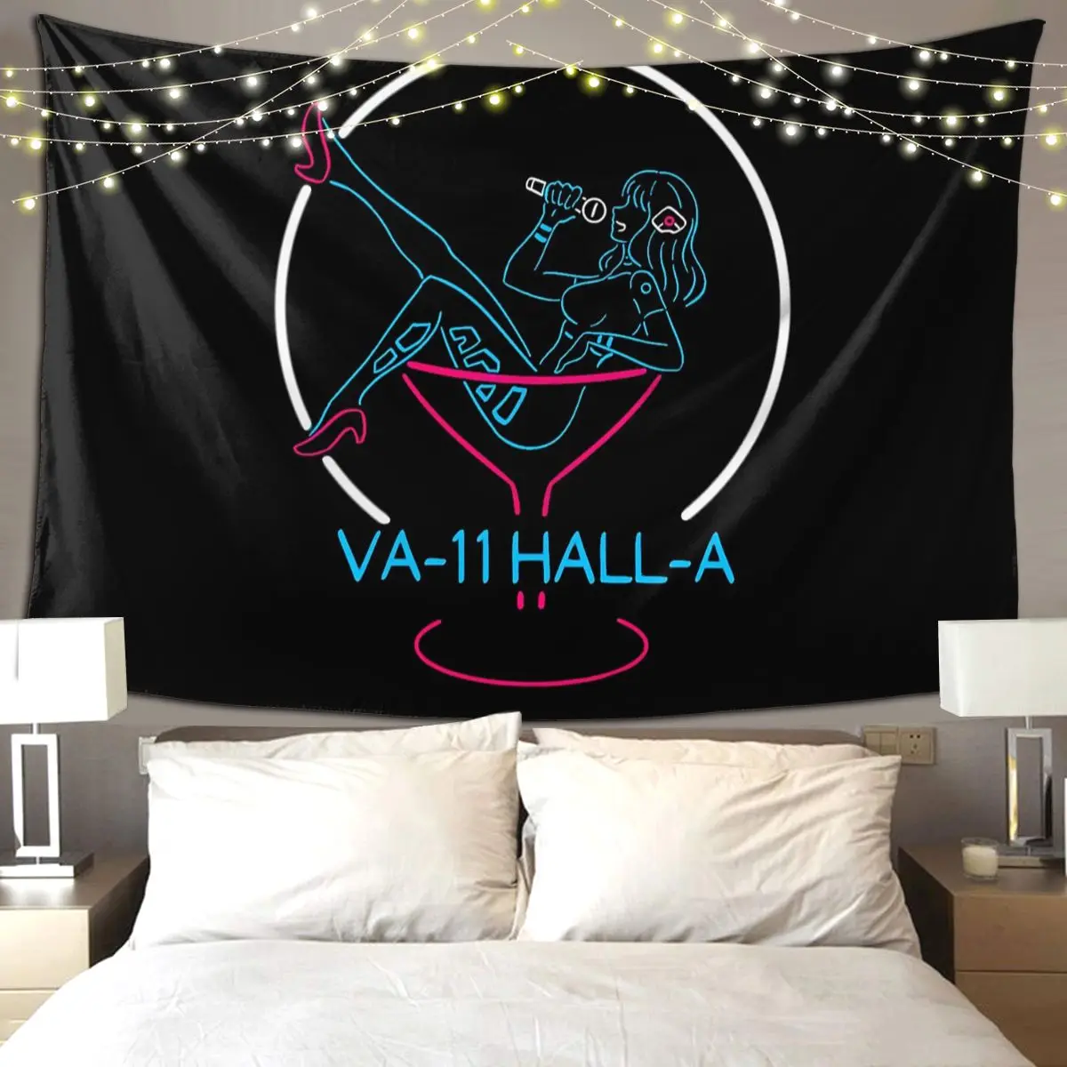 VA-11 Hall-A Neon Sign Tapestry Hippie Wall Hanging Aesthetic Home Decoration Tapestries for Living Room Bedroom Dorm Room