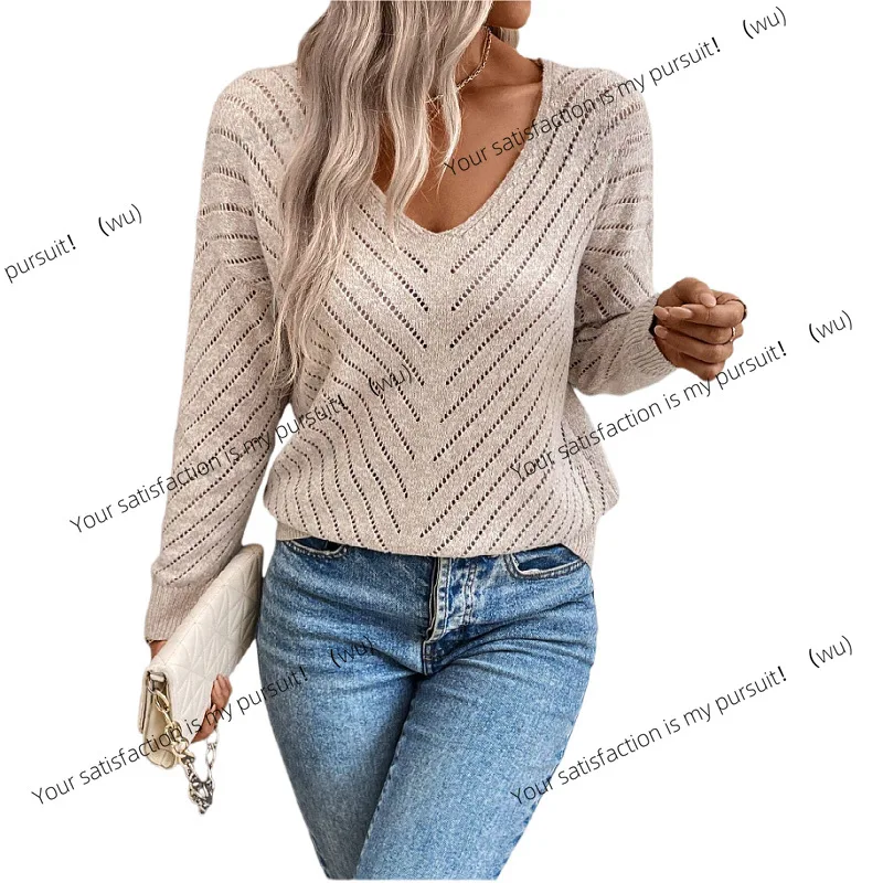 Sweater rajutan wanita model Eropa dan Amerika terbaru untuk musim gugur dan musim dingin, berlubang, longgar, kasual, lengan panjang.
