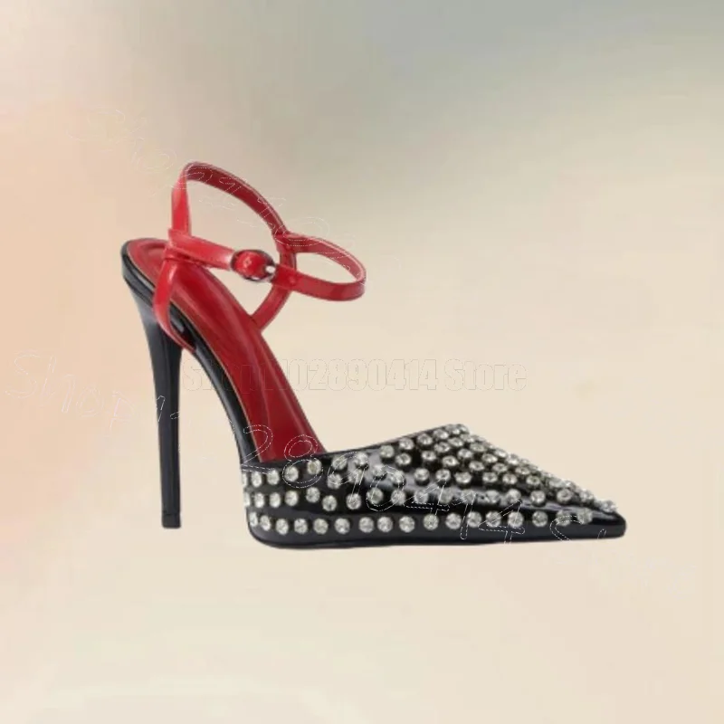 

Black Crystal Pointed Toe Patent Leather Pumps Buckle Strap Women Shoes Thin High Heels Party Banquet 2025 Zapatos Para Mujere