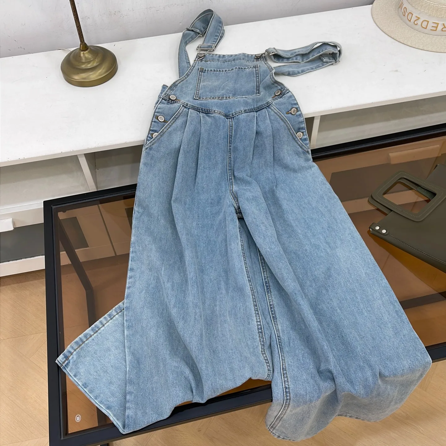American Style Wide Leg Denim Overalls Pure Color Summer Casual High Waist Women's Long Pants Retro New Model G10