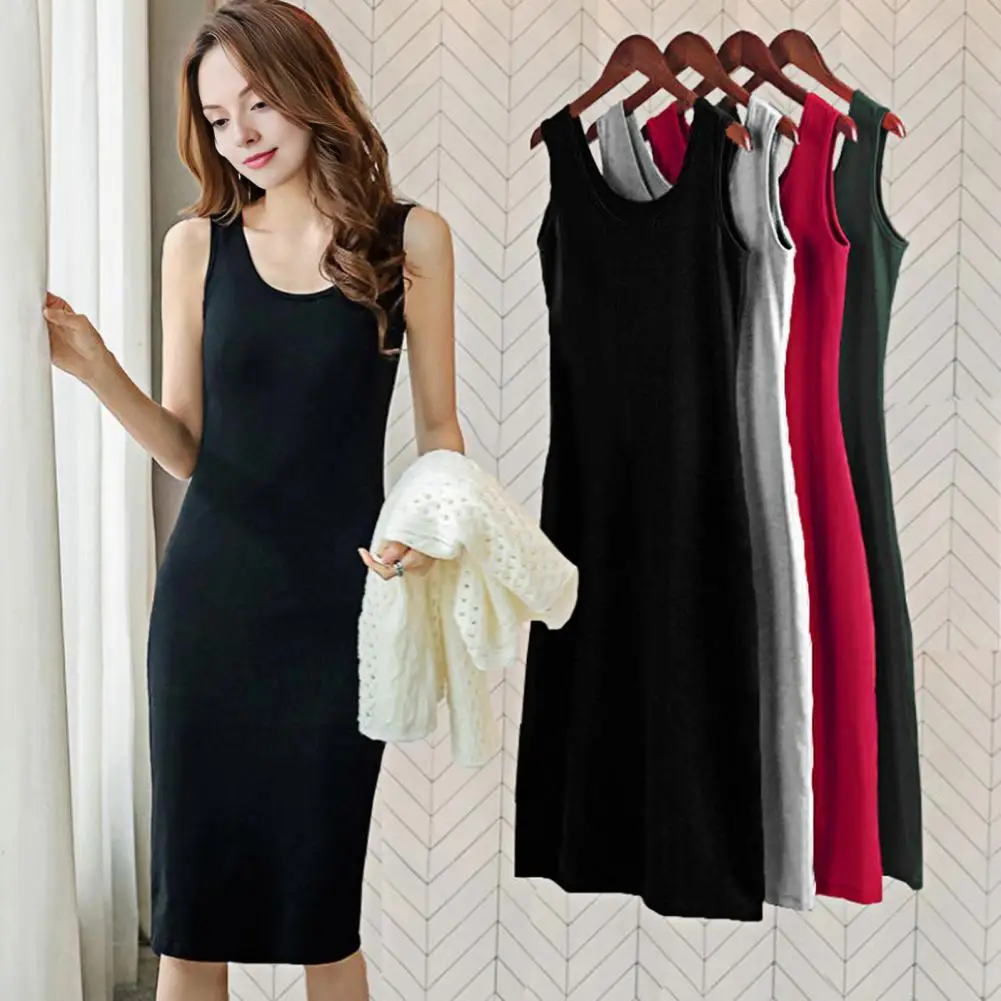 2026 Basic Women's Midi Tank Dress Summer Casual Sleeveless Scoop Neck Basic T-Shirt Dress Ladies' Solid Color Vest Base Dress