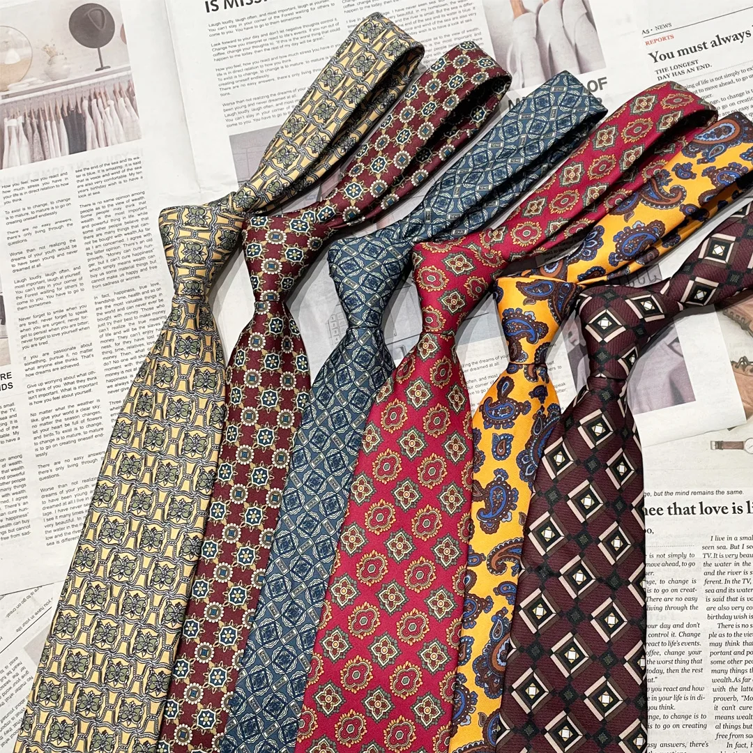 2026 New Spring Paisley Silk Neck Ties Adult Oversized 9cm Brown Red Necktie Creative Printing Mens Daily Wear Vintage Soft Ties