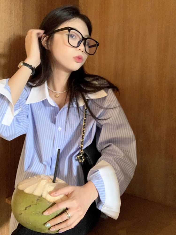 

Blue Striped Panelled Shirts for Women 2025 High Street Autumn French Style Elegant Loose Harajuku Streetwear All-match BF Chic
