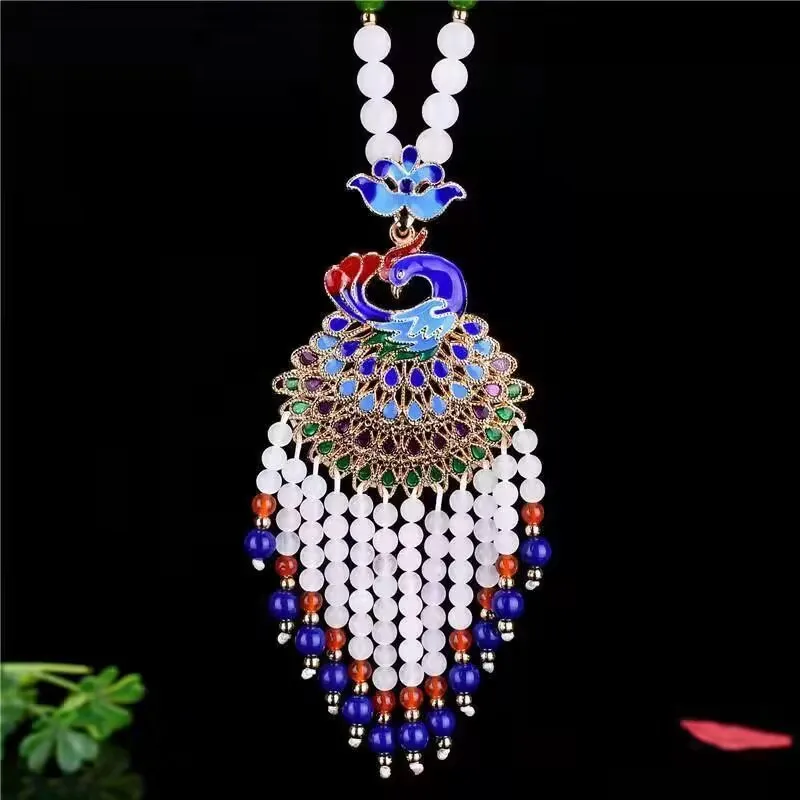 Peacock Pendant Sweater Chain Women Necklace Accessories Fashion Jewelry Girls Party Gifts Natural Stone Handmade Phoenix Orname