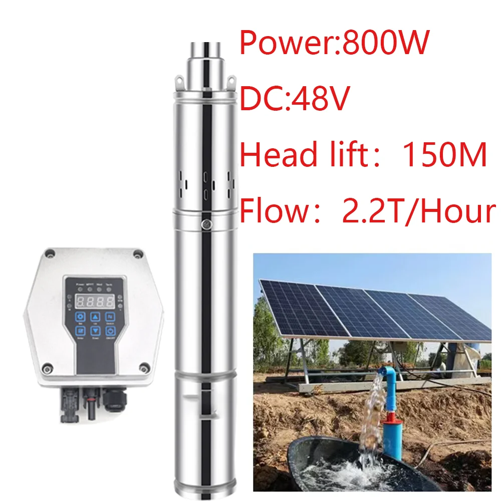 1HP 800W Solar Powered Submersible Pumping System DC 48V head 150M Solar Irrigation Borehole Well Pump Flow 2.2m³/hour