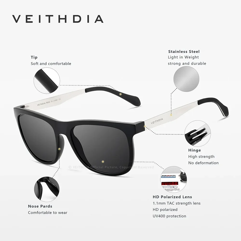 VEITHDIA Sunglasses Square Retro Vintage Polarized UV400 Lens Eyewear Sun Glasses For Men/Women Stainless Steel + TR90  VT611