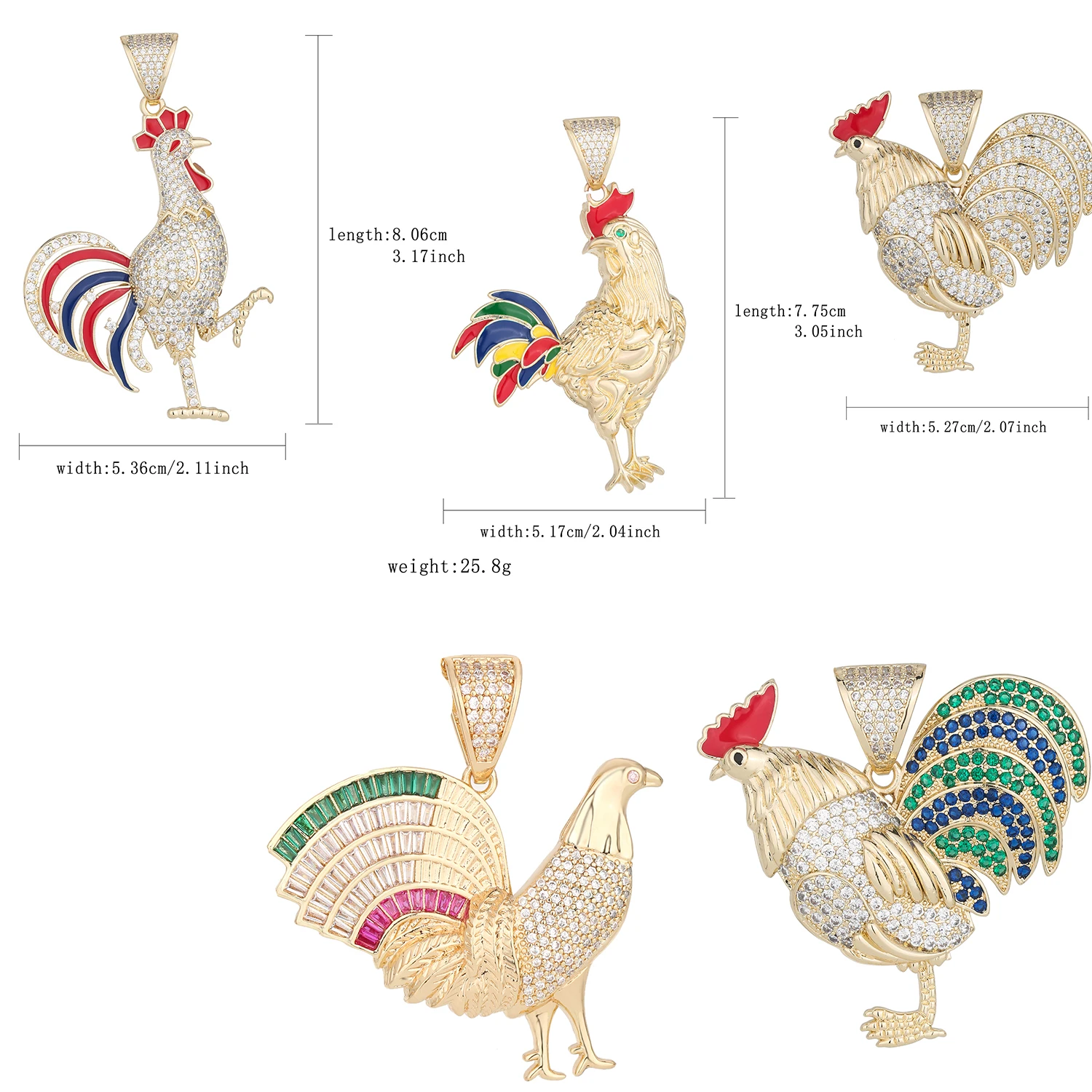 Luxurious 14K gold-plated rooster pendant necklace, hip-hop jewelry, enamel colored jewelry gift