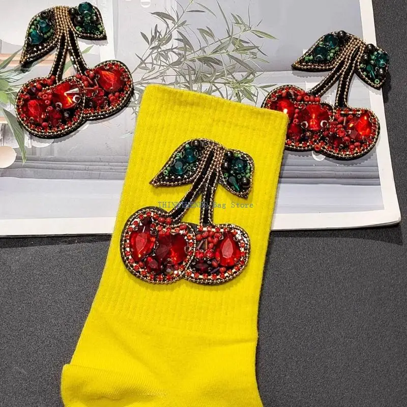 340D Handmade Sewing On Cherry Patches with Sparkling Rhinestones for Enhancing Shirt Jeans and Bags Decorative Applique