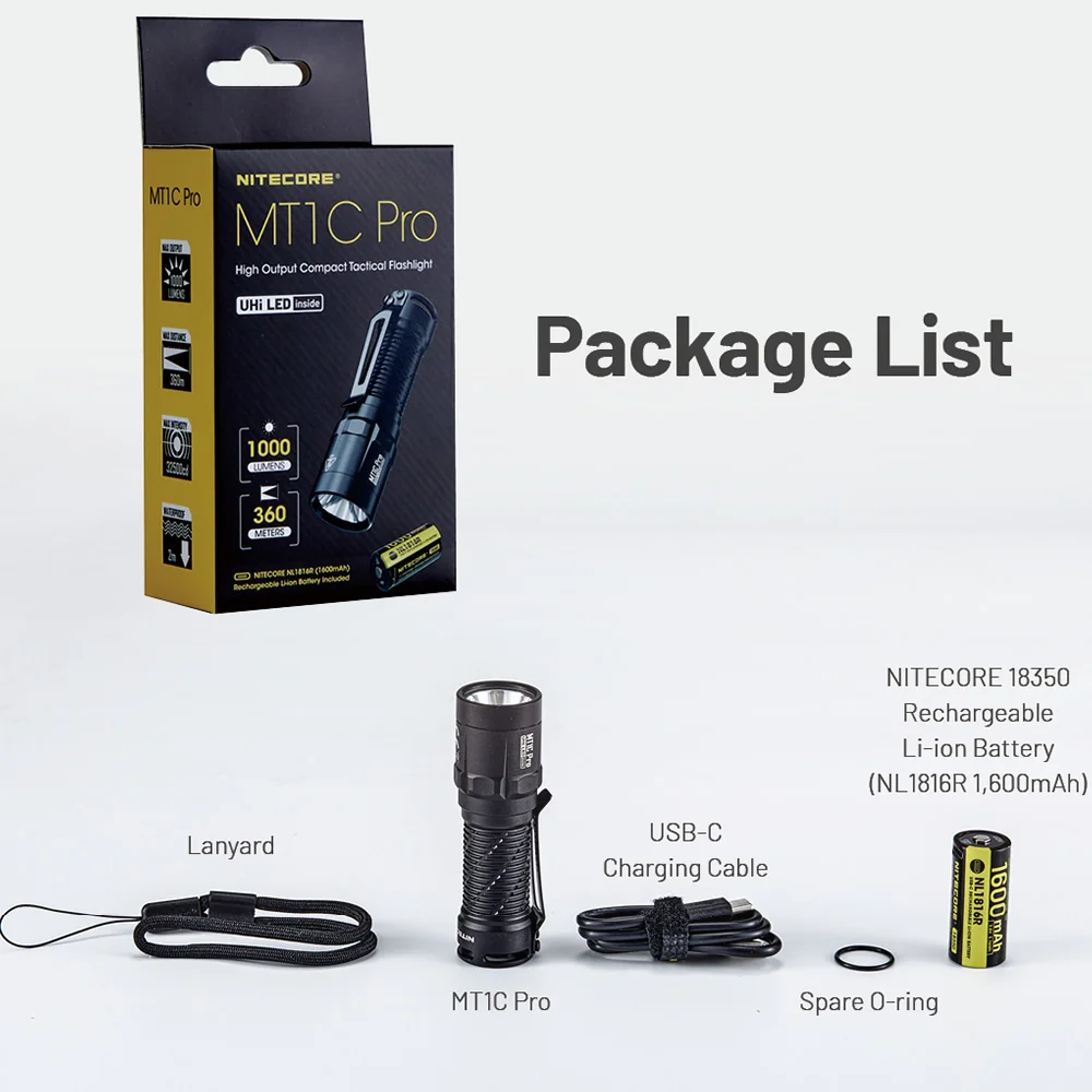 Genuine Nitecore MT1CPro 1000 Lumen LED mini EDC Flashlight +1600mAh NL1619R USB Port Rechargeable Battery Camping Outdoor Torch