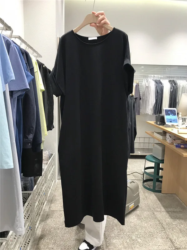 2025 ฤดูร้อนใหม่เสื้อยืดแขนสั้นผู้หญิงหลวมปานกลางถึงยาวเข่าขี้เกียจชุดผ้าฝ้าย